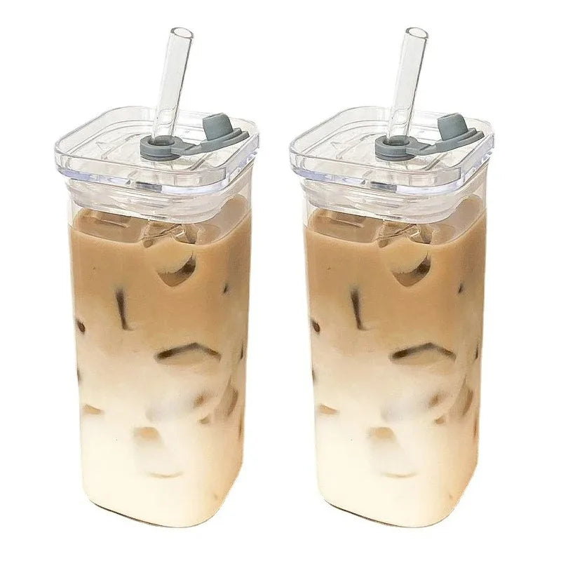 1Pcs Square Heat Resistant Coffee Glass Cup With Lid and Straw Transparent Milk Tea Juice Cups Coffee Mug