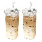 1Pcs Square Heat Resistant Coffee Glass Cup With Lid and Straw Transparent Milk Tea Juice Cups Coffee Mug