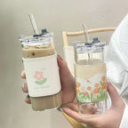 1Pcs Square Heat Resistant Coffee Glass Cup With Lid and Straw Transparent Milk Tea Juice Cups Coffee Mug