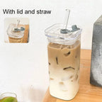 1Pcs Square Heat Resistant Coffee Glass Cup With Lid and Straw Transparent Milk Tea Juice Cups Coffee Mug