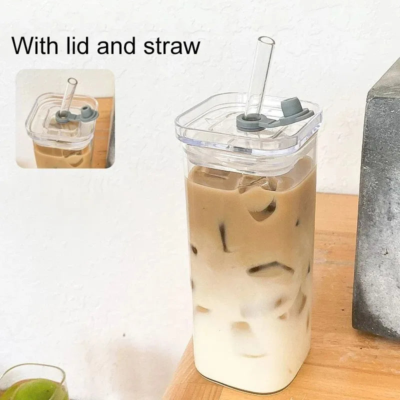 1Pcs Square Heat Resistant Coffee Glass Cup With Lid and Straw Transparent Milk Tea Juice Cups Coffee Mug