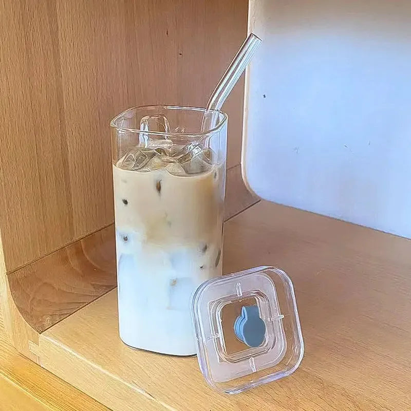 1Pcs Square Heat Resistant Coffee Glass Cup With Lid and Straw Transparent Milk Tea Juice Cups Coffee Mug