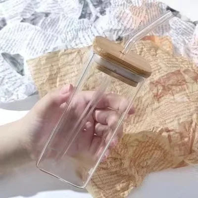 1Pcs Square Heat Resistant Coffee Glass Cup With Lid and Straw Transparent Milk Tea Juice Cups Coffee Mug