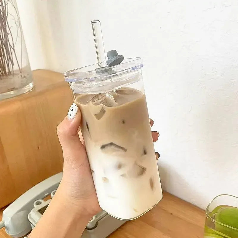 1Pcs Square Heat Resistant Coffee Glass Cup With Lid and Straw Transparent Milk Tea Juice Cups Coffee Mug