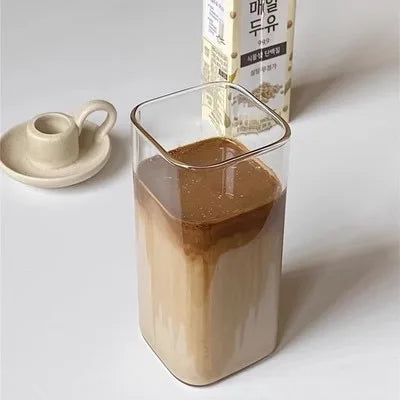 1Pcs Square Heat Resistant Coffee Glass Cup With Lid and Straw Transparent Milk Tea Juice Cups Coffee Mug